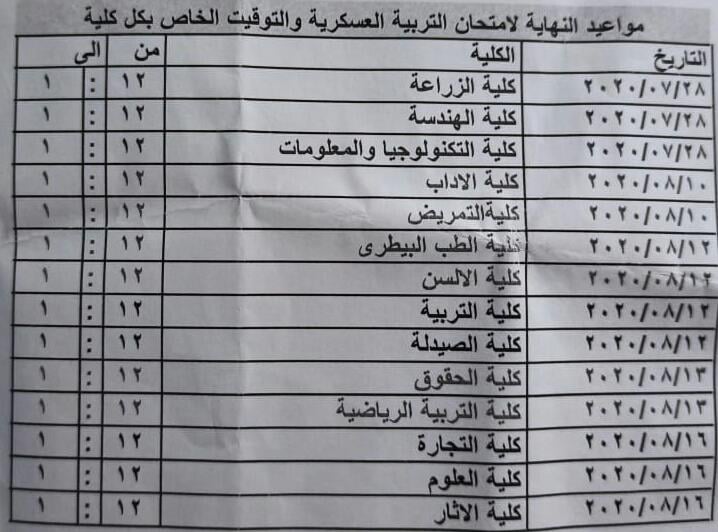 جدول الإمتحان التحريري لمادة التربية العسكرية بجامعة سوهاج