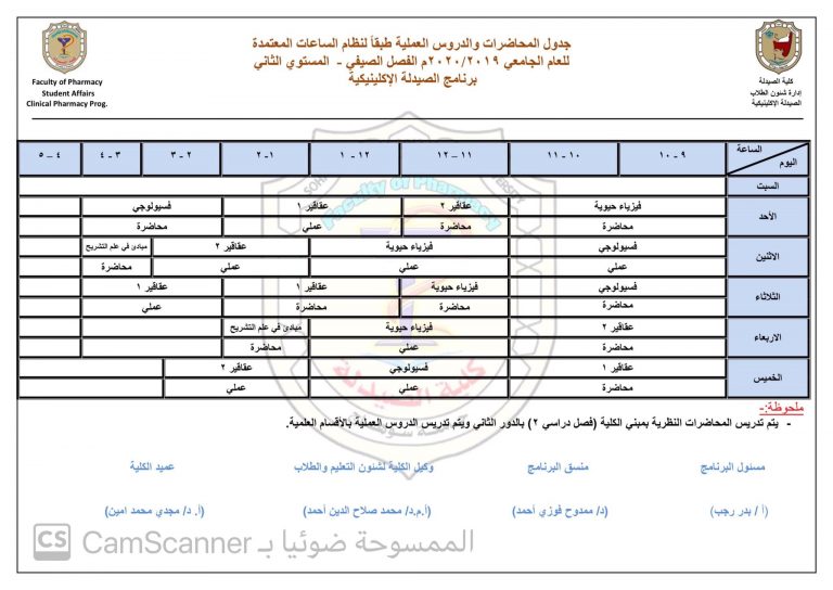 جدول و مواعيد محاضرات الفصل الصيفى برنامج الصيدلة الإكلينيكية 