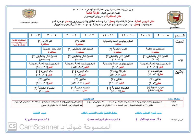 جدول توزيع المحاضرات والدروس العملية للفصل الدراسى الأول لطلاب الفرقة الثالثة للعام الجامعى 2020 |2021م