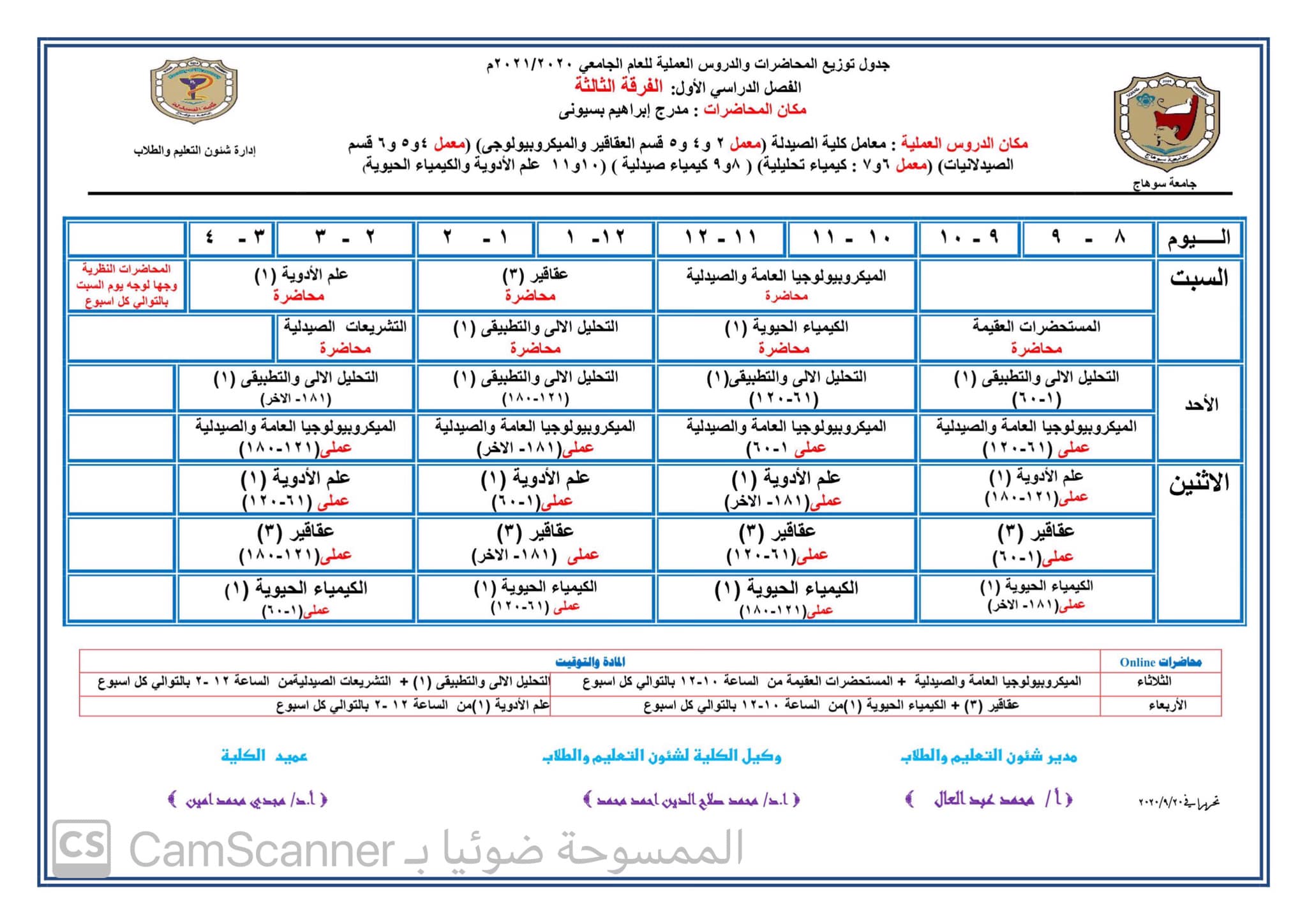 جدول توزيع المحاضرات والدروس العملية للفصل الدراسى الأول لطلاب الفرقة الثالثة للعام الجامعى 2020 |2021م