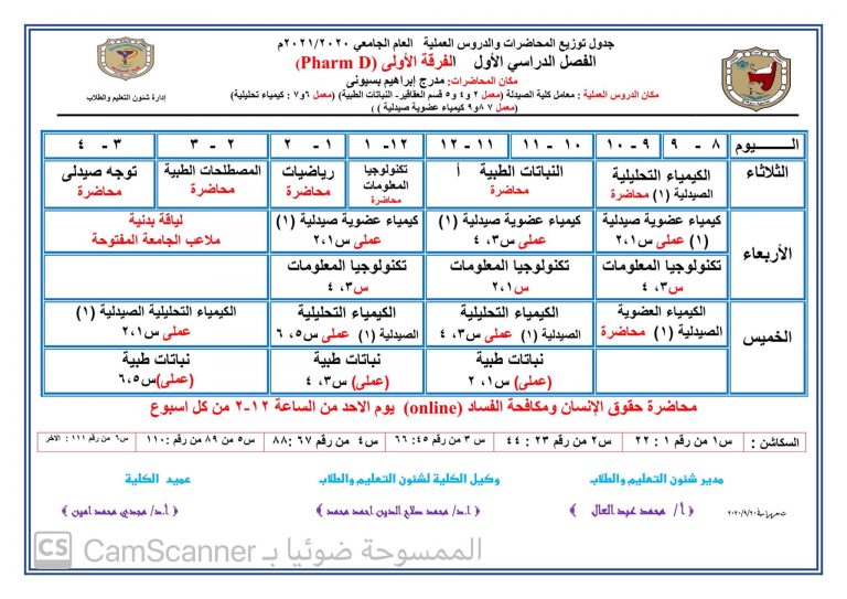 جدول توزيع المحاضرات والدروس العملية للفصل الدراسى الأول لطلاب الفرقة الأولى ( pharm D ) للعام الجامعى 2020 |2021م