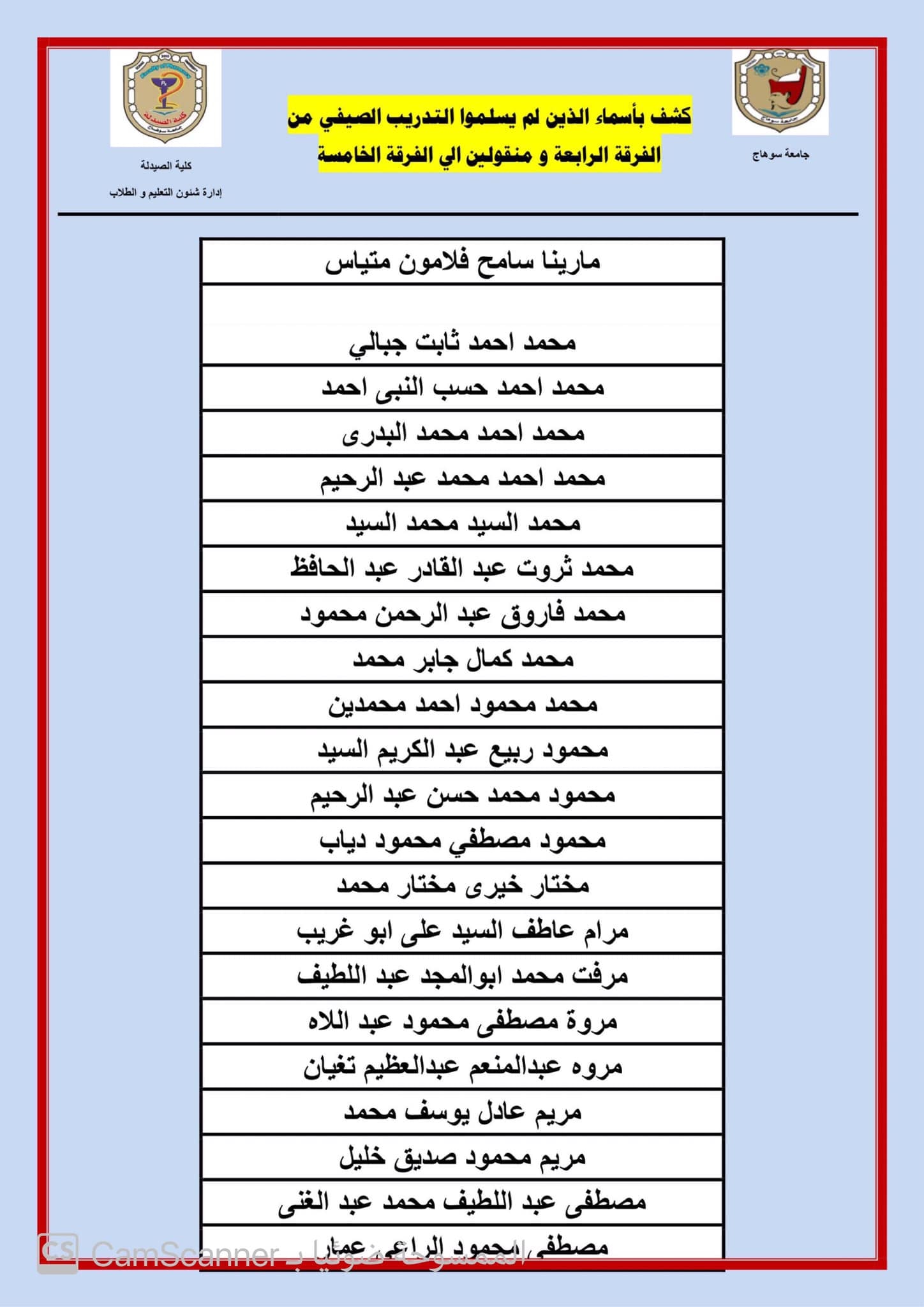 إعلان هام لطلاب الفرقة الرابعة و المنقولين إلى الفرقة الخامسة الذين لم يسلموا التدريب الصيفي