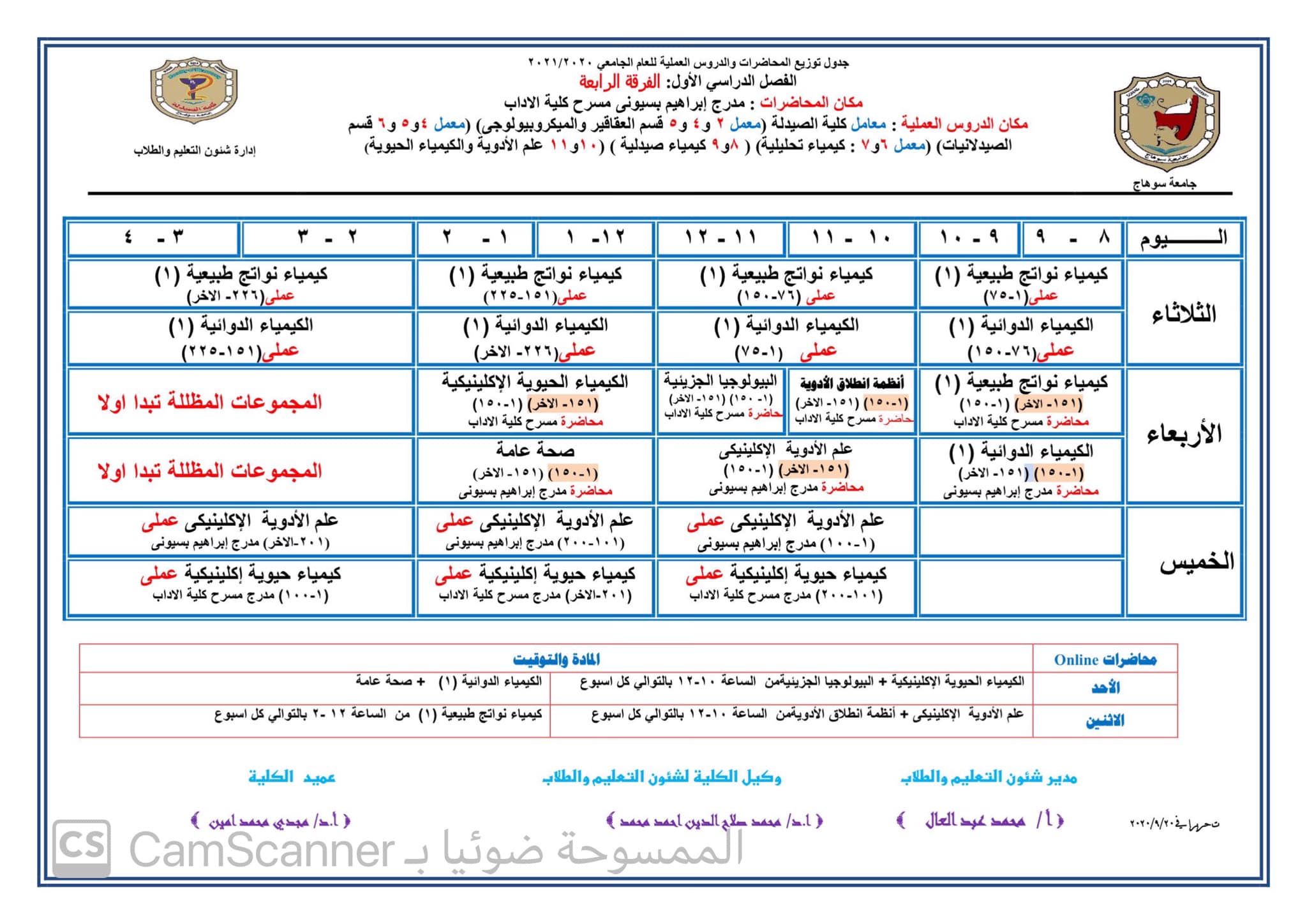 إعلان هام عن جدول توزيع المحاضرات والدروس العملية  للفرقة الرابعة الفصل الدراسى الأول للعام الجامعى 2020م |2021م