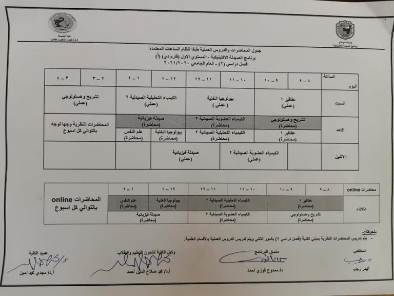 إعلان هام عن جدول المحاضرات والدروس العملية للفصل الدراسي الثاني لطلاب برنامج الصيدلة الإكلينيكية للعام الجامعي ٢٠٢١/٢٠٢٠