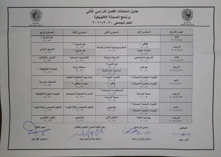 إعلان هام عن جدول إمتحانات الفصل الدراسي الثاني للعام الجامعي 2020  / 2021م لطلاب برنامج الصيدلة الإكلينيكية