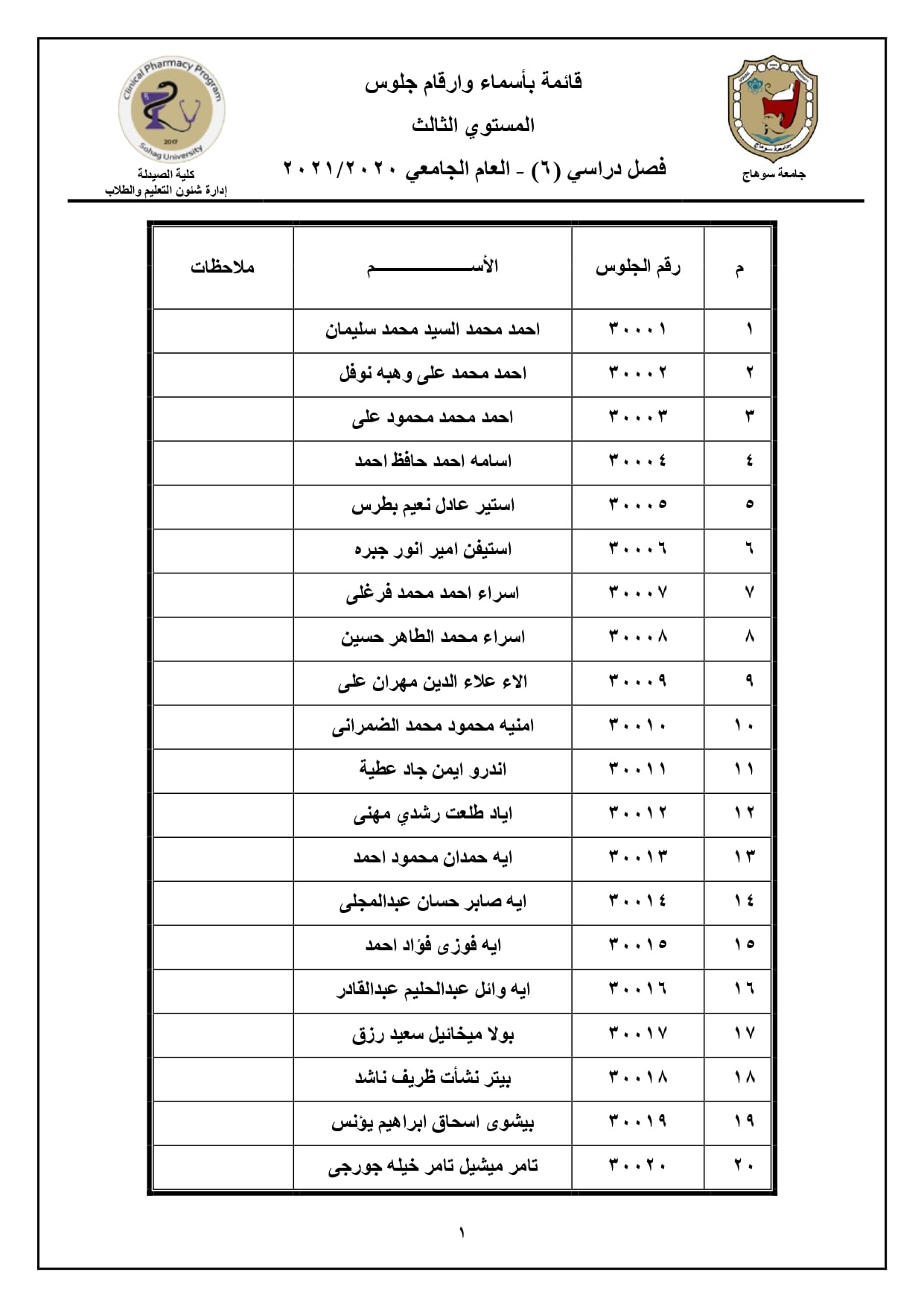إعلان هام عن أرقام جلوس المستوي الثالث لطلاب برنامج الصيدلة الإكلينيكية