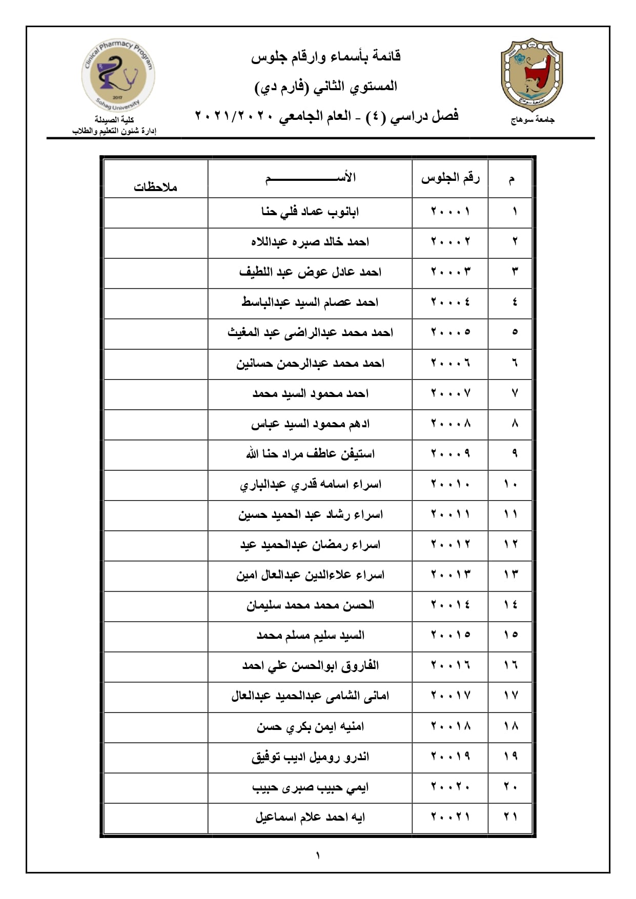 إعلان هام عن أرقام جلوس المستوي الثاني لطلاب برنامج الصيدلة الإكلينيكية