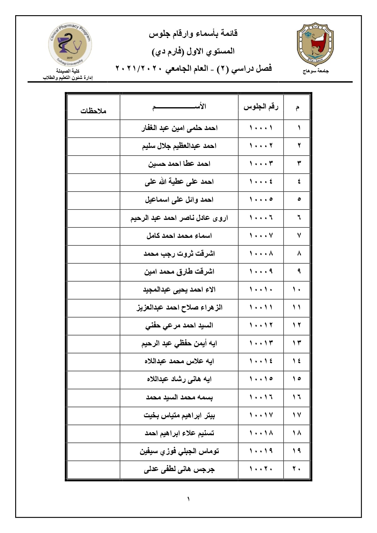 إعلان هام عن أرقام جلوس المستوي الأول لطلاب برنامج الصيدلة الإكلينيكية