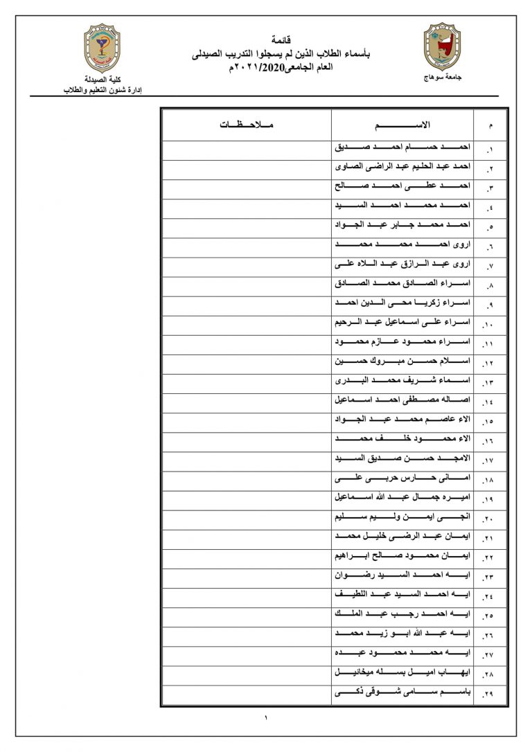 إعلان هام للطلاب الآتى أسماؤهم  بالفرقة الرابعة