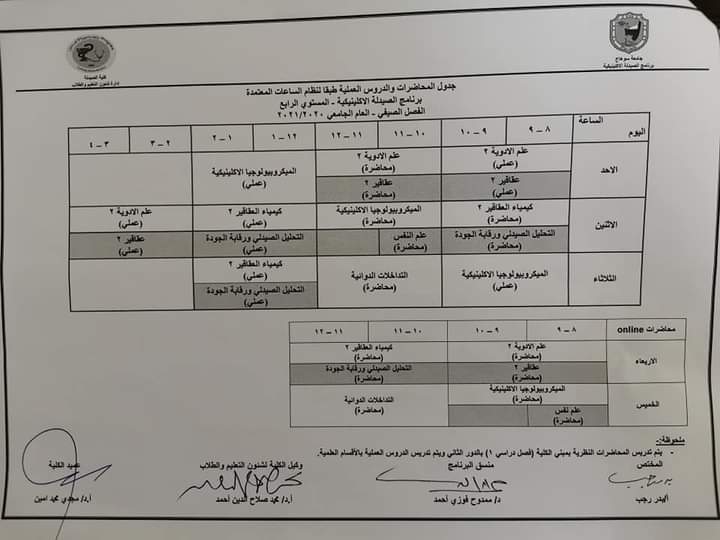 جدول محاضرات الفصل الصيفى للعام الجامعى ٢٠٢٠/ ٢٠٢١م برنامج الصيدلة الإكلينيكية 