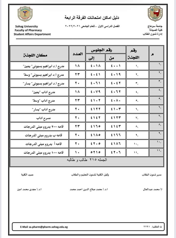 دليل أماكن إمتحانات الفرقة الرابعة الفصل الدراسى الأول للعام الجامعى ٢٠٢١_٢٠٢٢ م 