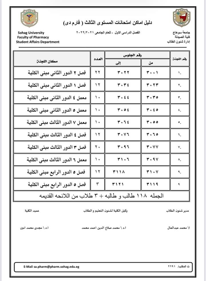 دليل أماكن إمتحانات المستوى الثالث (فارم دى) الفصل الدراسى الأول للعام الجامعى ٢٠٢١_٢٠٢٢ م 