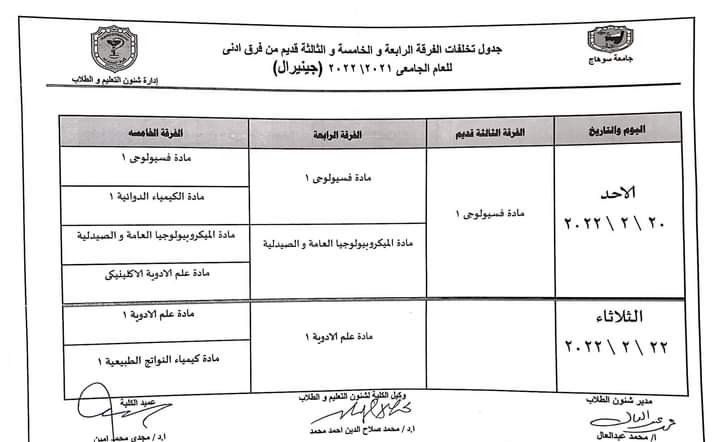 جدول تخلفات الفرقة الرابعة والخامسة والثالثة قديم من فرق أدنى للعام الجامعى ٢٠٢١ /٢٠٢٢م (جينيرال)