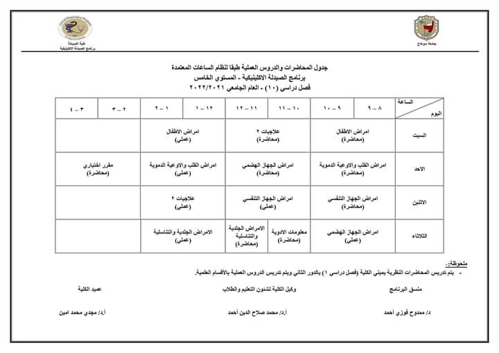 جدول محاضرات الفصل الدراسى الثانى – برنامج الصيدلة الإكلينيكية العام الجامعى 2022/2021 م