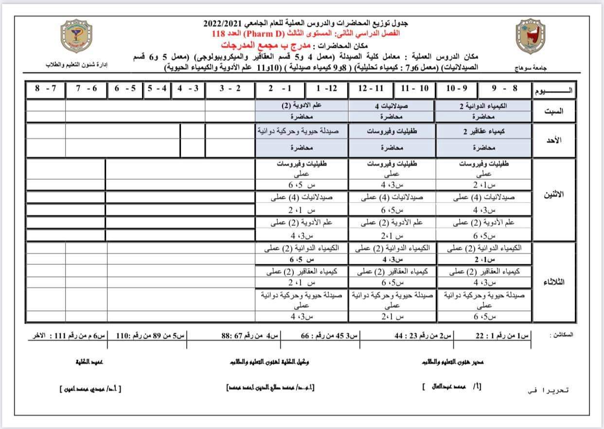 جدول توزيع المحاضرات والدروس العملية الفصل الدراسى الثانى لطلاب المستوى الثالث جينيرال