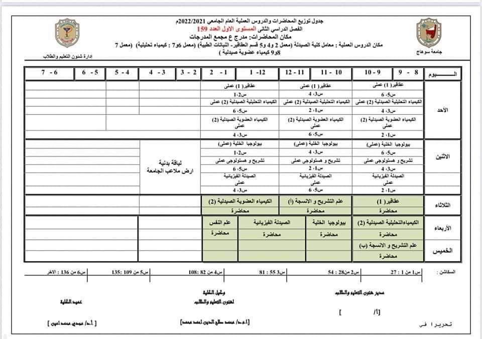 جدول توزيع المحاضرات والدروس العملية  الفصل الدراسى الثانى لطلاب المستوى الأول جينيرال