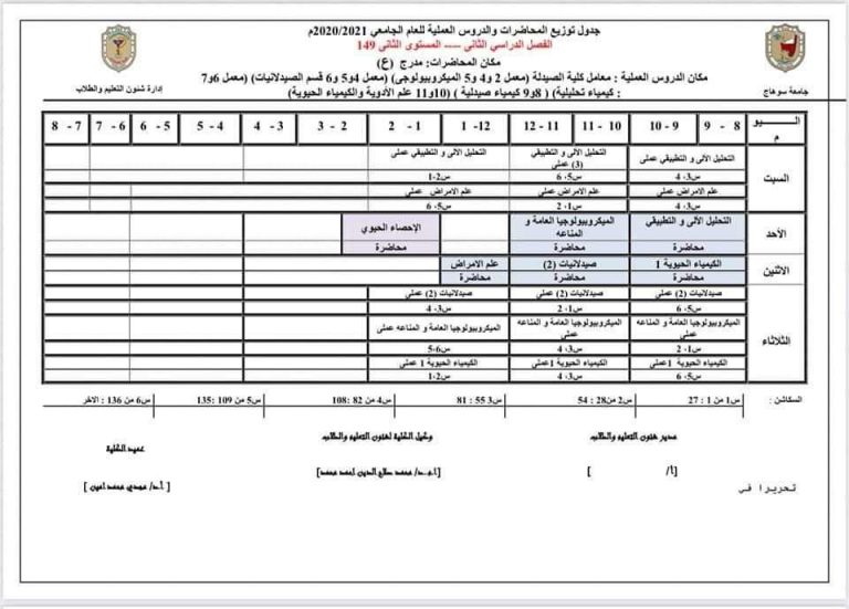 جدول توزيع المحاضرات والدروس العملية  الفصل الدراسى الثانى لطلاب المستوى الثانى جينيرال