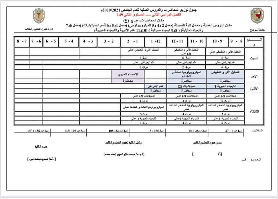 جدول توزيع المحاضرات والدروس العملية  الفصل الدراسى الثانى لطلاب المستوى الثانى جينيرال