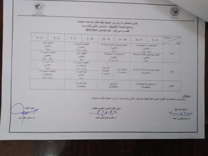 جدول المحاضرات لطلاب برنامج الصيدلة الإكلينيكية_ المستوى الثانى ( فارم دى) _ العام الجامعى ٢٠٢١ /٢٠٢٢م