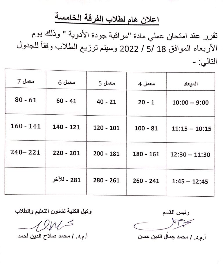 إعلان هام لطلاب الفرقة الخامسة