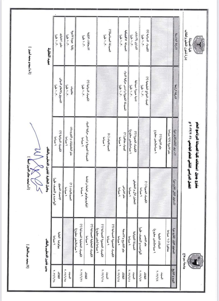 مقترح جدول إمتحانات الفصل الدراسى الثانى لطلاب البرنامج العام للعام الجامعى ٢٠٢١ /٢٠٢٢م