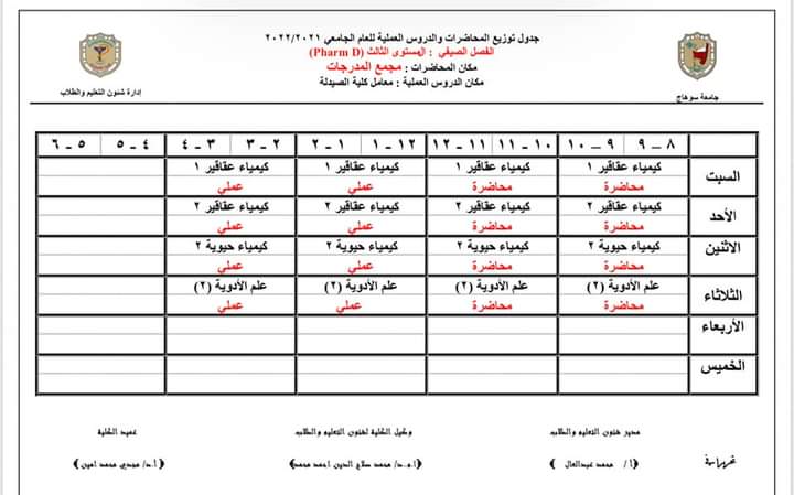 جدول توزيع محاضرات الفصل الصيفى لطلاب الفرقة الثالثة جينيرال للعام الجامعى ٢٠٢١/ ٢٠٢٢م