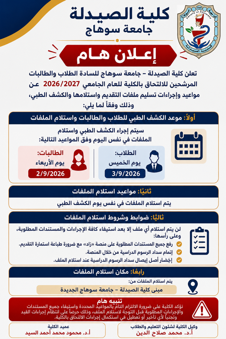 ضوابط التقديم والإلتحاق كلية الصيدلة جامعة سوهاج
