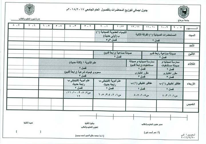 جدول توزيع المحاضرات بالفصول (مبني الكلية) للعام الجامعي 2017-2018 (جميع الفرق)