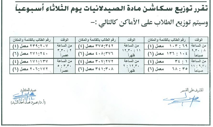 توزيع سكاشن مادة الصيدلانيات للفرقة الثانية
