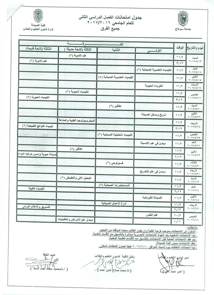 جداول أمتحانات للفصل الدراسي الثاني جميع الفرق للعام الجامعي 2016م/2017م