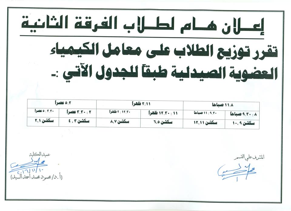 جدول توزيع طلاب الفرقة الثانية على معامل الكيمياء العضوية الصيدلية
