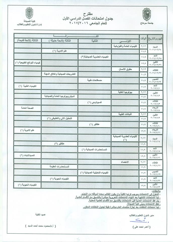 الجدول المقترح لإمتحانات الفصل الدراسي الأول للعام الجامعي 2016 – 2017 (جميع الفرق)